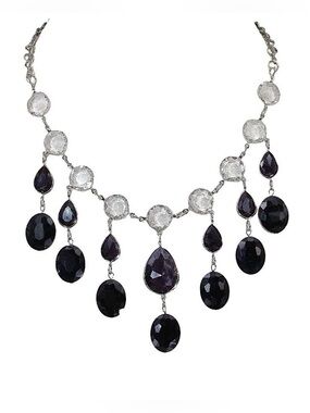 Women's Black Clear Glass Statement Necklace Evening Wedding Dramatic Jewelry
